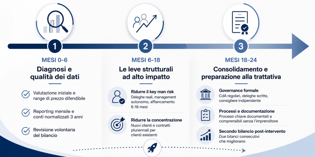 La sequenza operativa per aumentarne il valore della tua azienda nei 24 mesi decisivi: 3 fasi, leve prioritarie, errori da evitare.
