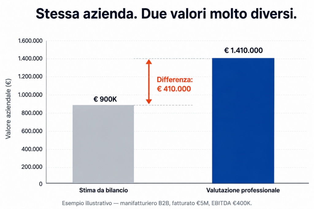 grafico confronto valutazione azienda manifatturiera stima bilancio versus valutazione professionale differenza 410000 euro